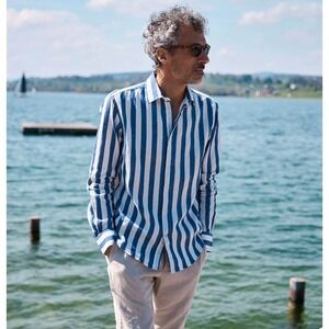 Carpasus Maggia Navy Striped Organic Cotton Linen Button Down Shirt Mens Size S